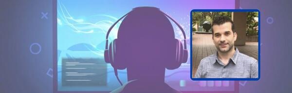 forefront image of professor Vasileios Christopoulos with the background of a person with a headset 